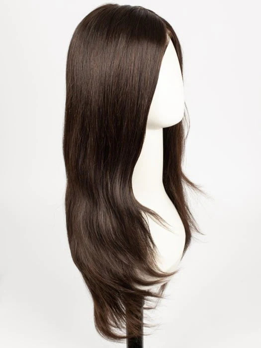 Long wavy synthetic wig by Jon Renau in rich brown color with a smooth finish