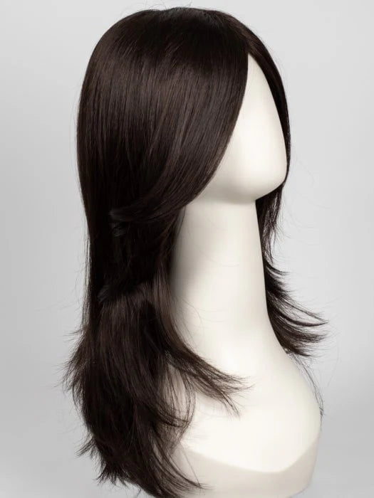 Brandi Amore wig long dark brown layered straight hair with side part and feathered ends for daily wear
