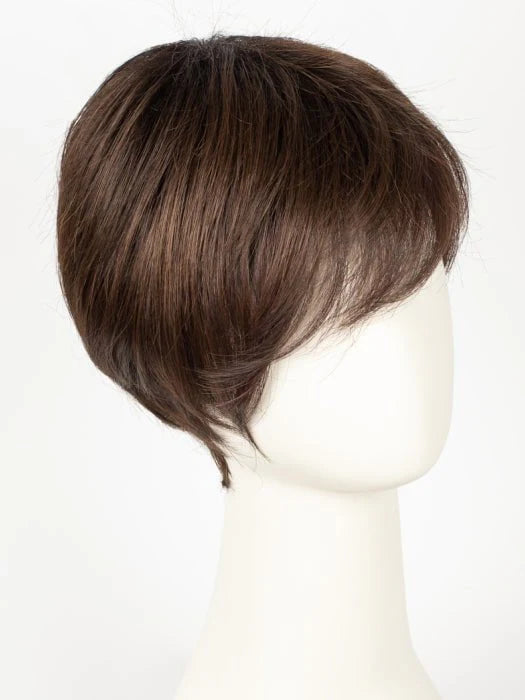 Mannequin wearing short blonde synthetic wig listing photo showing brown layered pixie bob variant