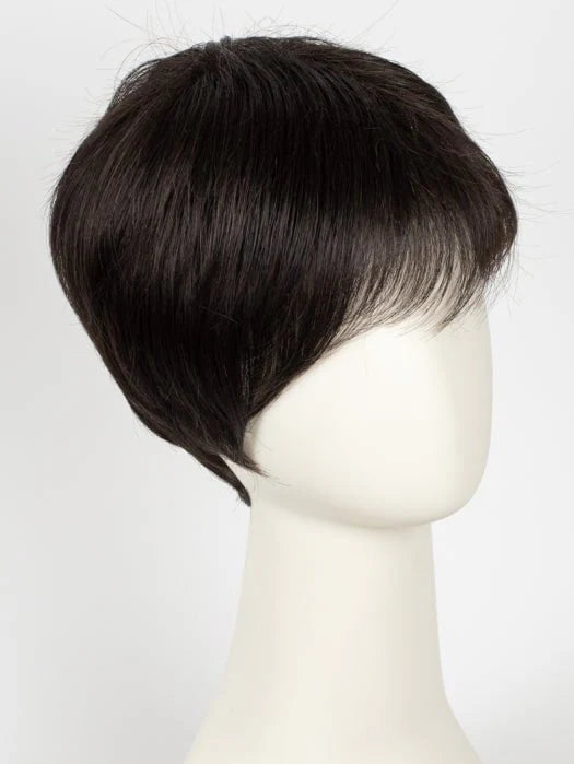 short blonde synthetic wig style displayed on mannequin in dark brown smooth pixie cut with side fringe
