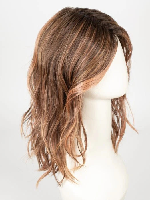 Stylish medium length synthetic wig with soft waves and highlights for a natural look