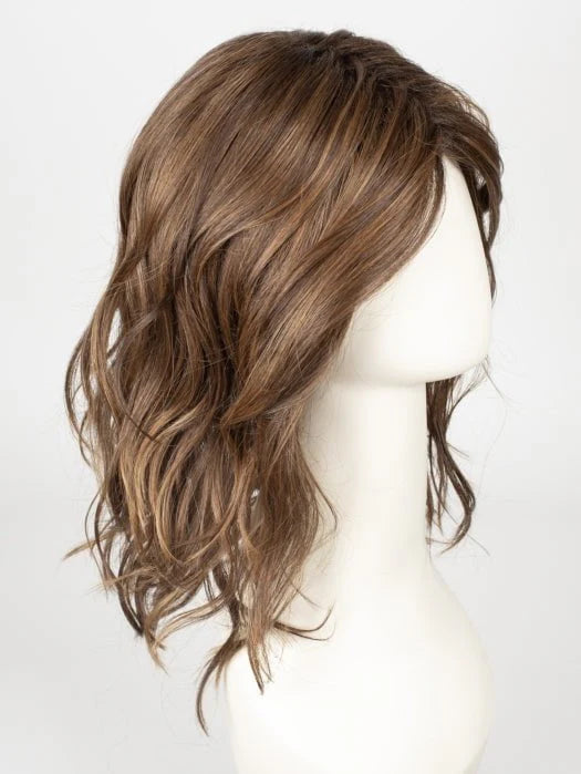 Medium length synthetic wig with soft waves in a rich brown color for natural-looking style.