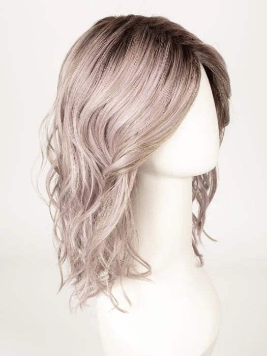 Stylish medium length synthetic wig with soft waves in light gray for a trendy look
