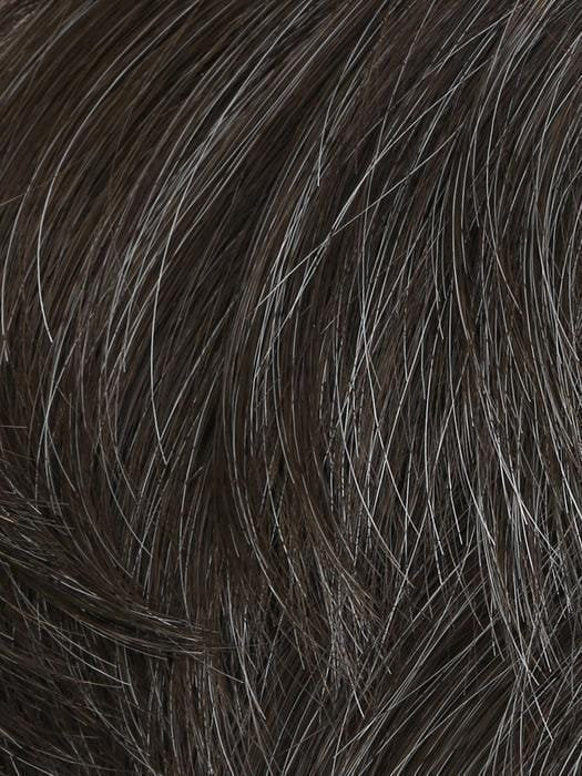 Sharp HIM wig for men by HairUWear closeup of dark brown salt and pepper textured short layered hair