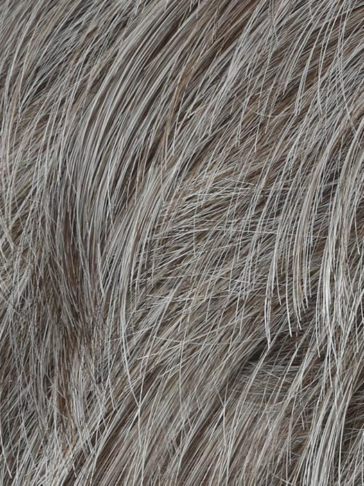 Close up of HairUWear Sharp HIM wig for men in salt and pepper gray synthetic hair texture