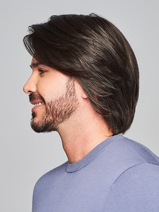 Sharp HIM wig for men by HairUWear medium length dark brown layered hair with natural hairline profile
