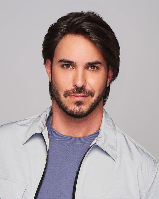 Sharp HIM wig for men on model dark brown layered medium length hair natural hairline