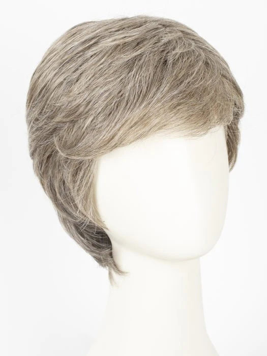 HairUWear short layered men's gray wig realistic on mannequin with natural textured side swept style