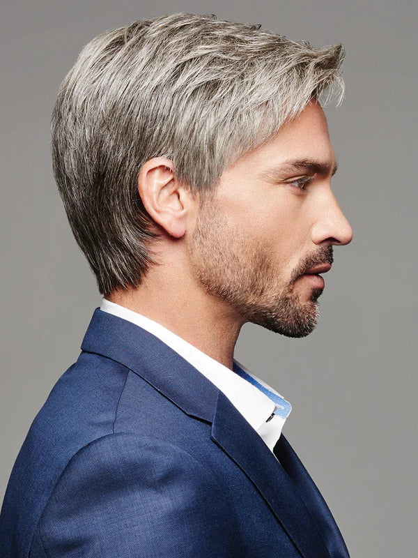Side profile of man wearing HairUWear men's gray wig realistic layered cut with natural hairline and beard