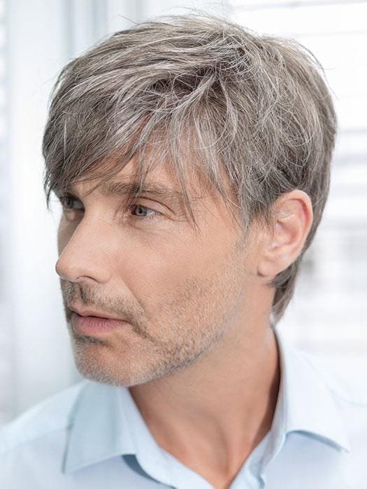 Natural gray short layered Ellen Wille wig on male model side view showing natural look men's wig for thinning hair