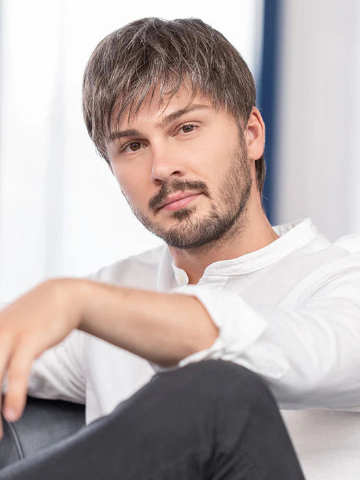 Ellen Wille natural look men's wig for thinning hair on model with short textured ash brown hair and light beard