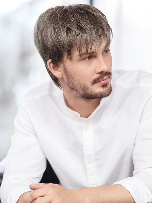 Model wearing Ellen Wille natural look men's wig for thinning hair short ash brown layered style realistic hairline