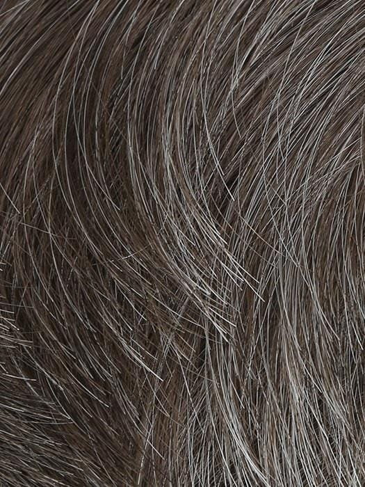 HairUWear men's chiseled wig close up salt and pepper brown gray hair texture showing realistic short layered fibers