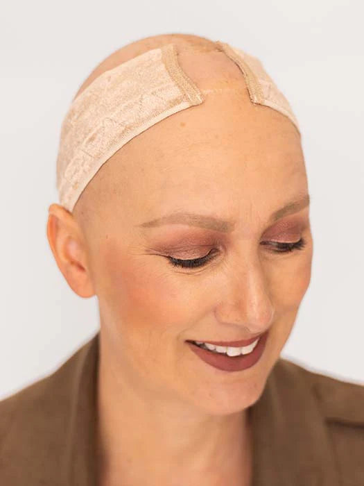Close-up of a woman wearing a non-slip wig headband with silk front, designed for comfort and stability