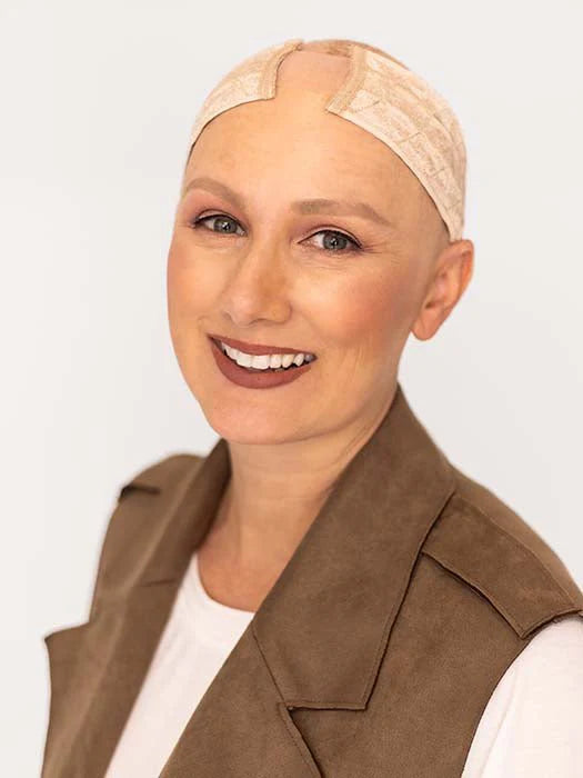 Woman wearing a non-slip wig headband with silk front, showcasing secure and comfortable fit.