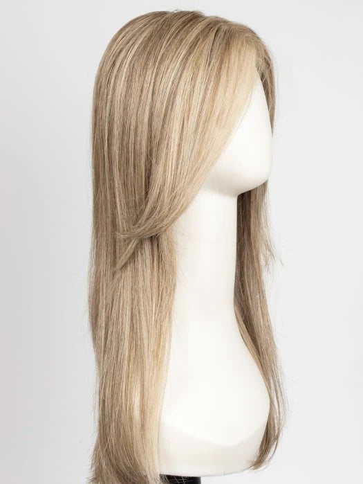 Side view of a long, sleek premium synthetic wig for women in natural blonde tones