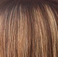 Zara wig by Rene of Paris close up of warm brown synthetic hair with honey blonde highlights and natural roots