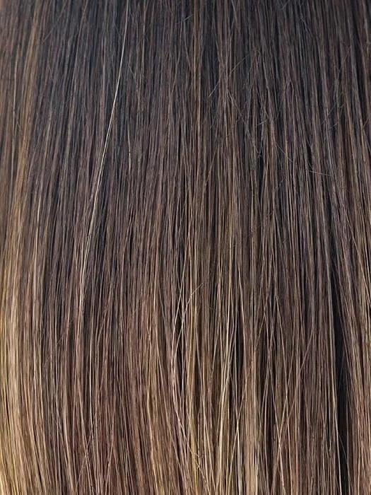 Zara wig by Rene of Paris close up of straight layered brown hair with natural honey highlights