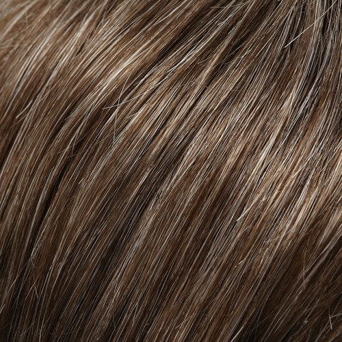 Close up of brown highlighted hair fibers on Jon Renau Ignite wig showing natural texture and shine