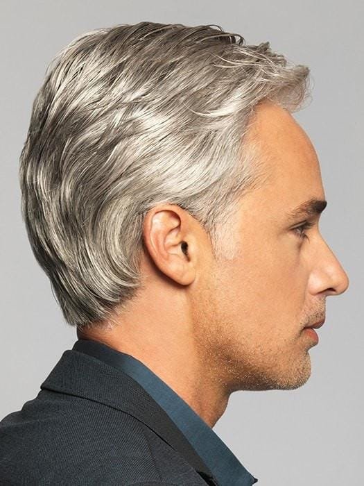 HairUWear men's classic wig silver gray short layered style on male model side profile in business attire