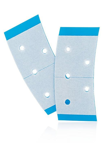 Wig adhesive strips for lace wigs featuring blue backing and cutout holes for secure attachment