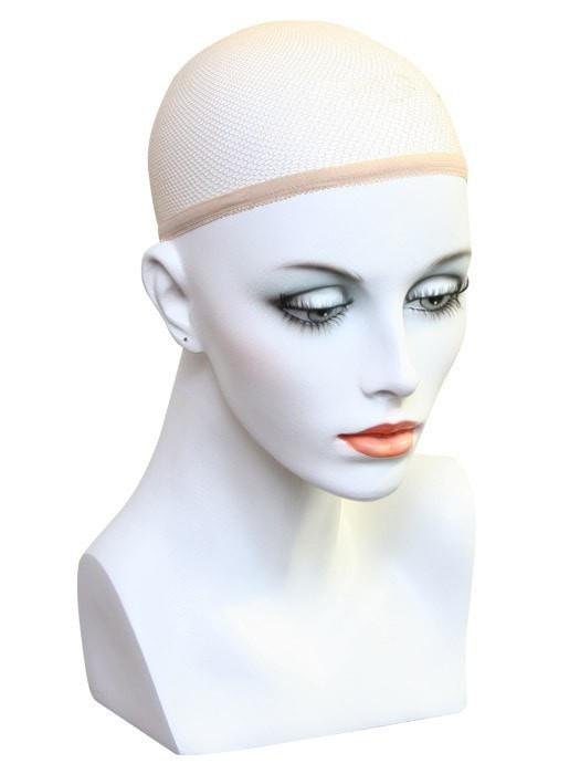Beige mesh wig liner for secure fit on wig wearers with adjustable elastic band