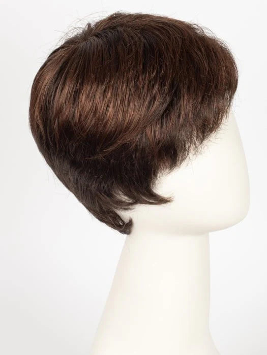 Ellen Wille Risk wig short layered chestnut brown pixie on mannequin side view natural texture for everyday wear