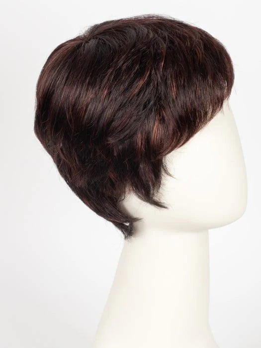 Side profile brown layered short pixie wig with subtle auburn highlights on mannequin Ellen Wille Risk wig