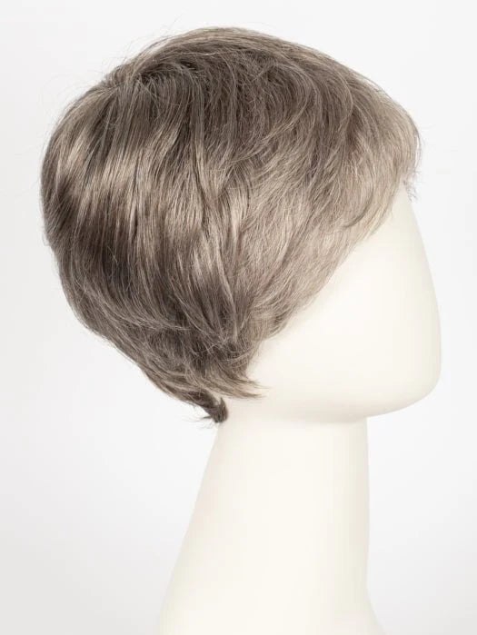 Short gray layered pixie on mannequin showcasing Ellen Wille Risk wig with natural texture