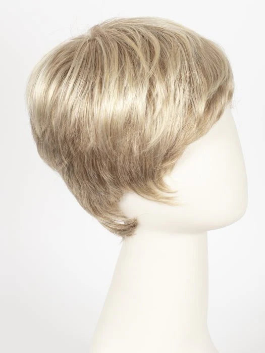 Ellen Wille Risk wig short layered blonde pixie on white mannequin with side swept fringe