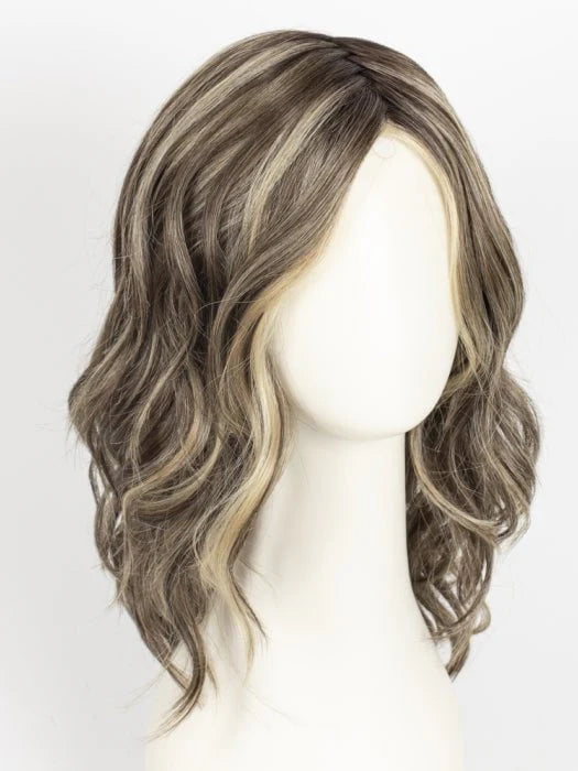 Admirable HIM wig for men. Shoulder length wavy ash brown wig with blonde highlights on mannequin head by HairUWear