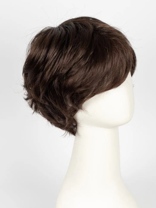 Ellen Wille Raise wig short layered brown pixie style on mannequin with side swept bangs