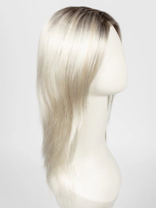 Mannequin displaying a natural looking blonde wig with dark roots straight mid length silky layers for everyday wear