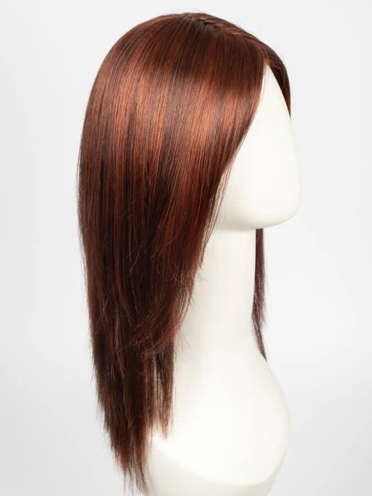 Auburn straight layered wig on white mannequin head showcasing texture and fall for natural looking blonde wig styling