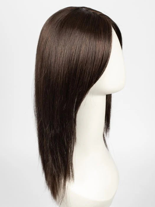 Dark brown straight wig on mannequin with side swept fringe natural looking blonde wig alternative