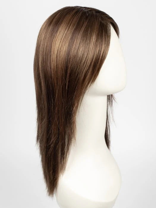 Mannequin wearing a straight layered natural looking blonde wig with subtle brunette lowlights and side part