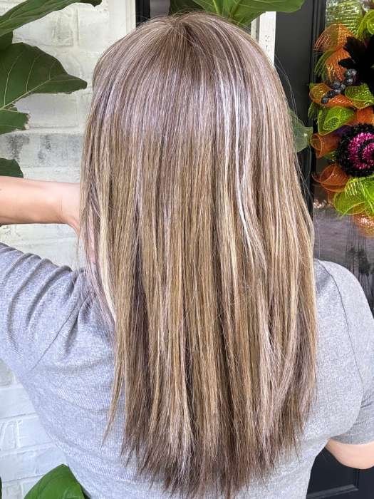 Back view of a natural looking blonde wig with long straight layered highlights and brown lowlights