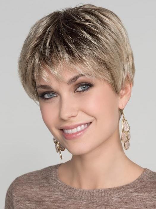 Stylish short pixie cut wig for women in a chic blonde style with layered texture