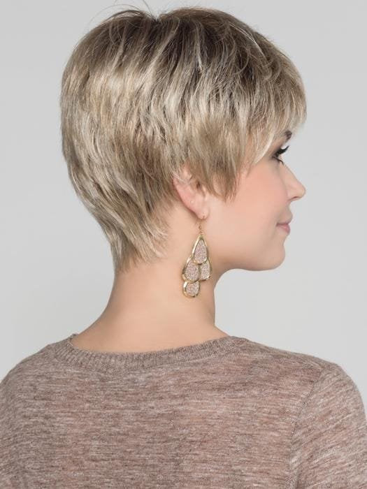 Stylish short pixie cut wig for women in a light blonde shade, showcasing a textured back view.